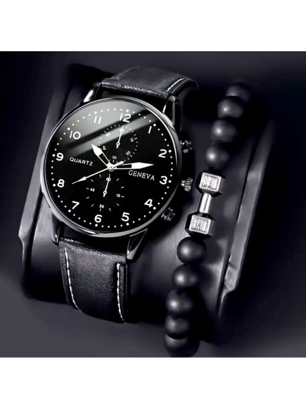 Geneva Men’s Black Dial Watch & "Lift" Bead Bracelet Set